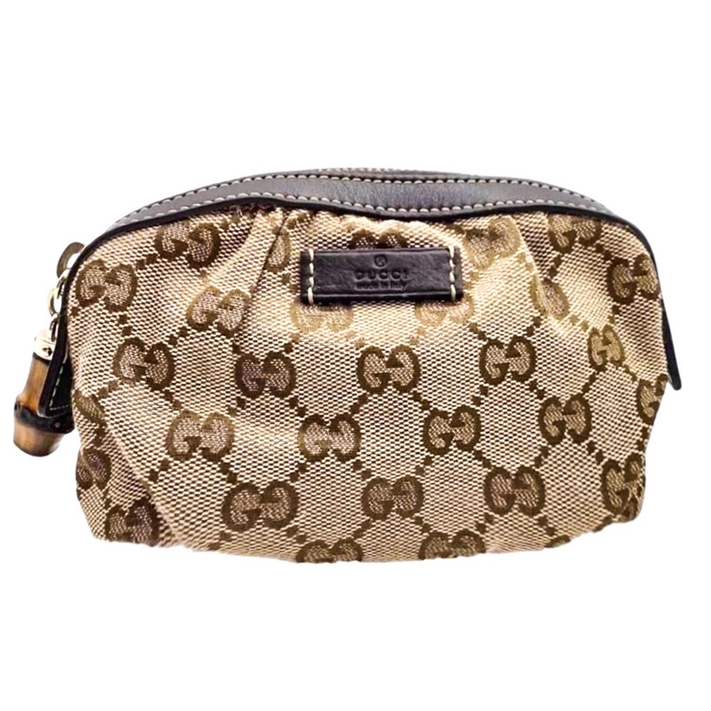 MGUCCI GG Tan Brown Canvas Top Zip Bamboo Zip Cosmetic Pouch w Leather Trim NWOT